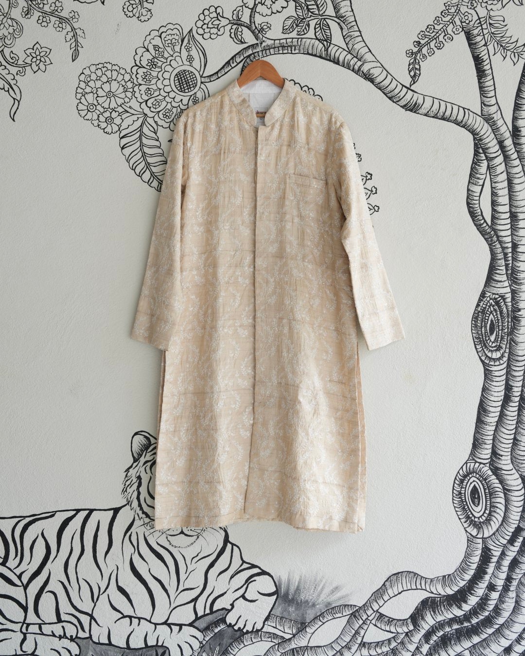 Beige  Handwoven Tussar Embroidered Sherwani