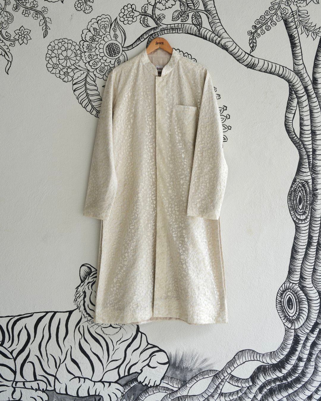 White Handwoven Net Embroidered Sherwani