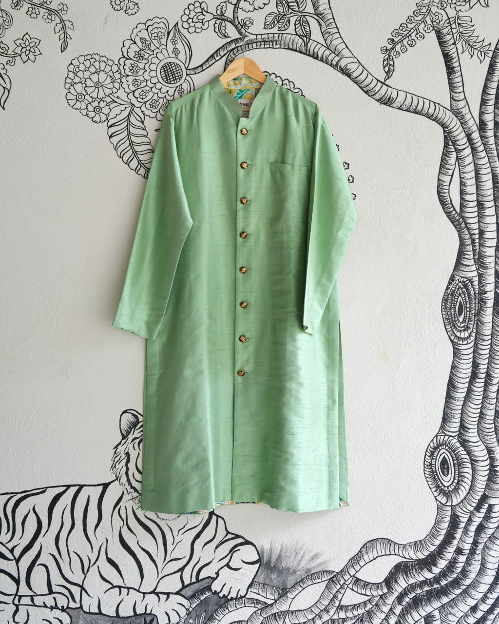 Green Handwoven Raw Silk Sherwani