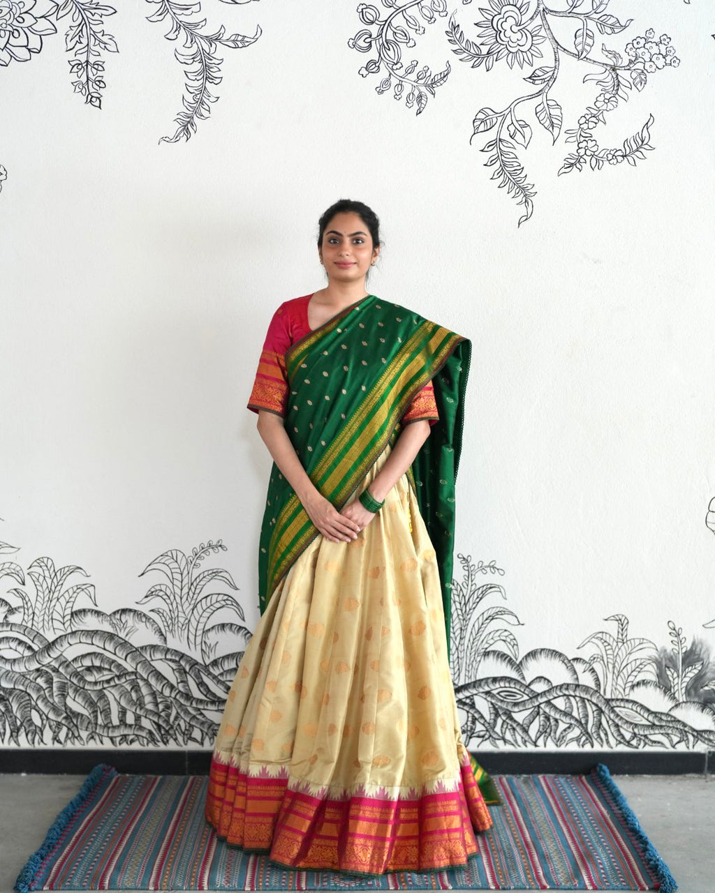Beige Handwoven Gadwal Silk Lehenga