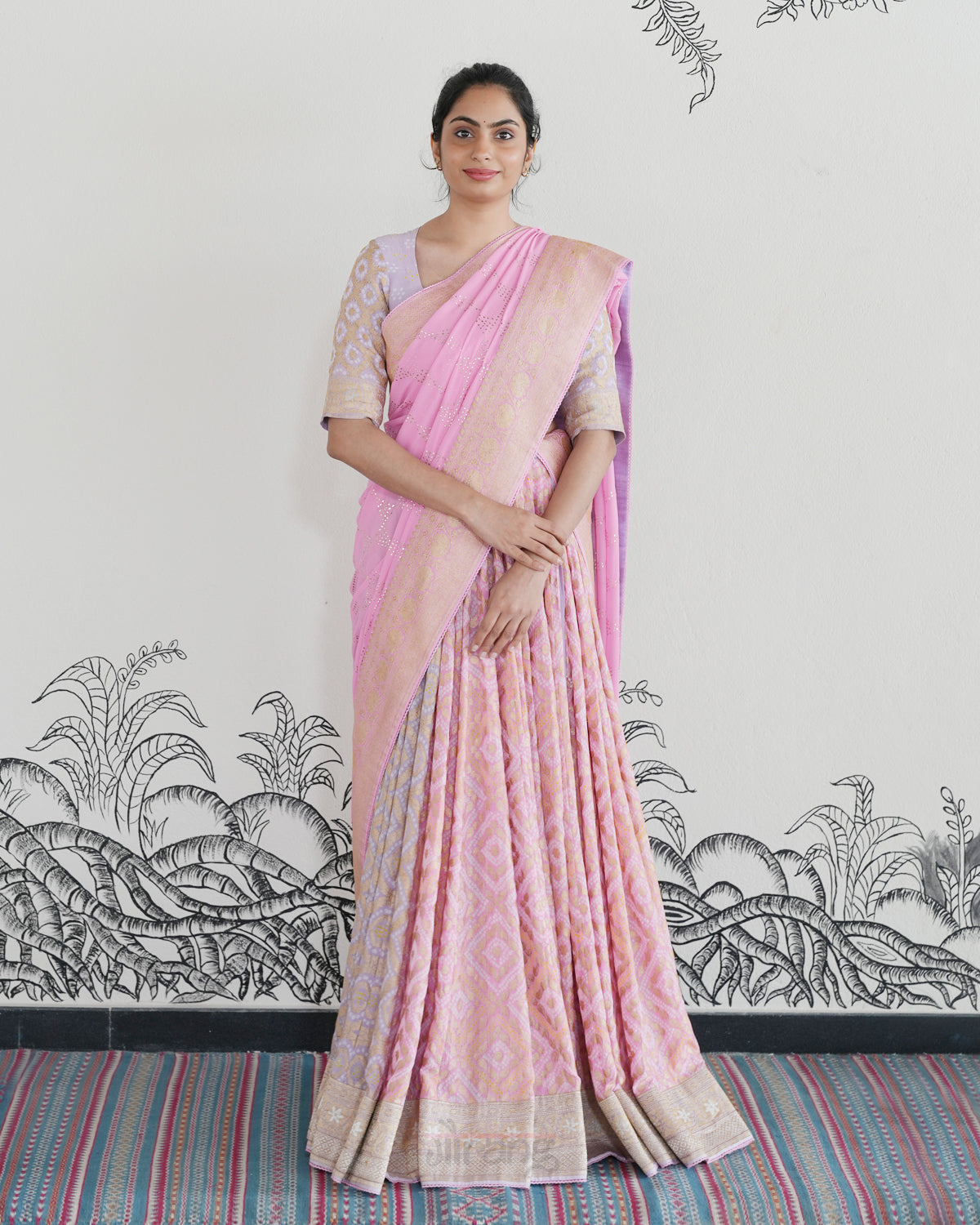 Pink Handwoven Banarasi Georgette Bandhani Lehenga