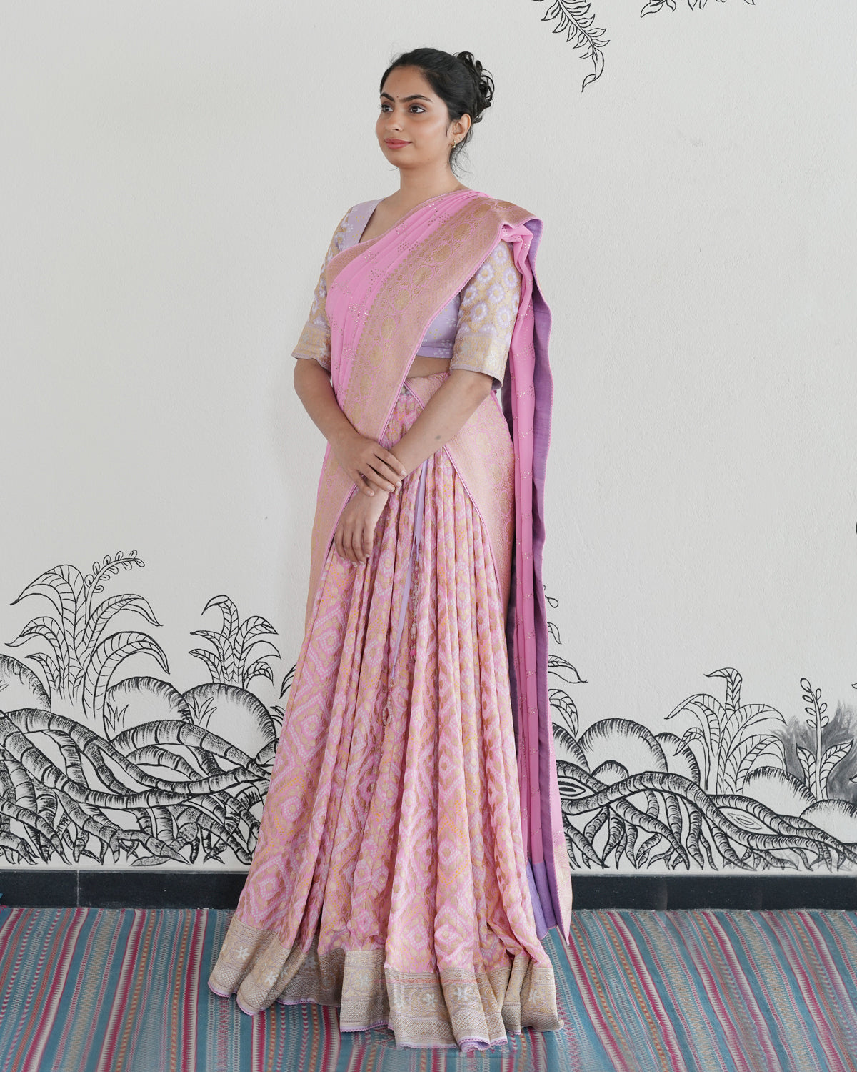 Pink Handwoven Banarasi Georgette Bandhani Lehenga