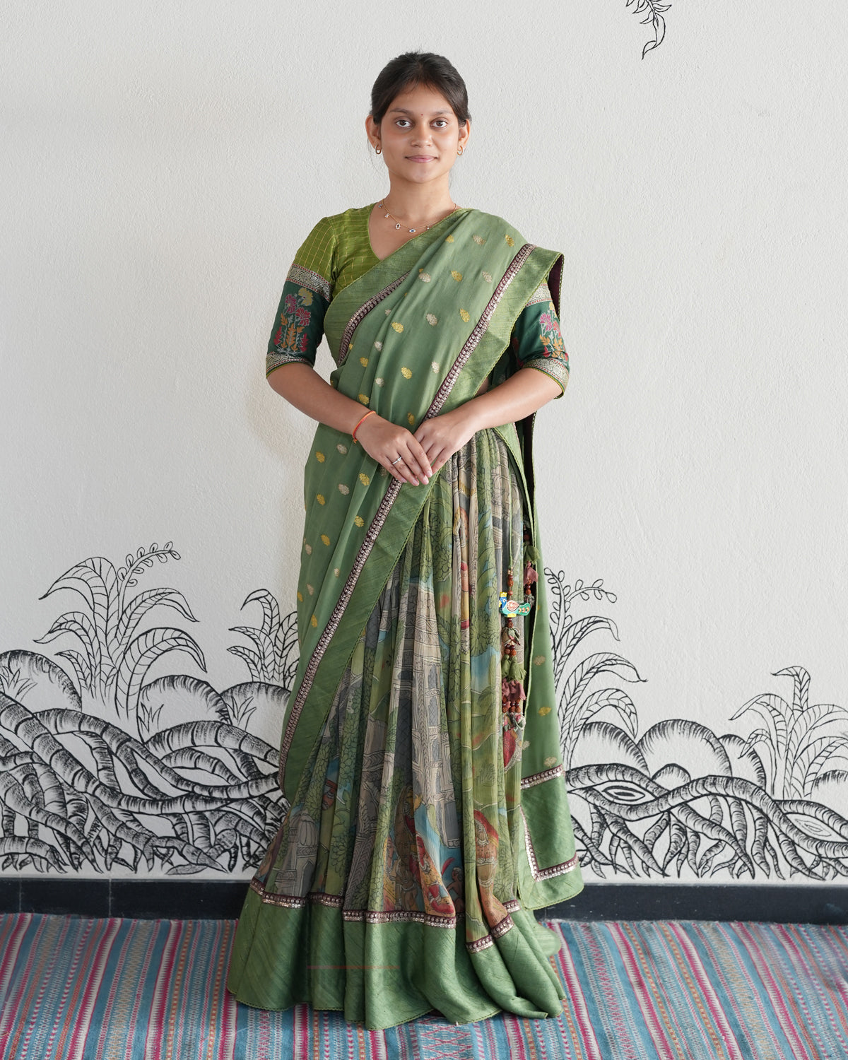 Green Handwoven Kalamkari Chiffon Lehenga