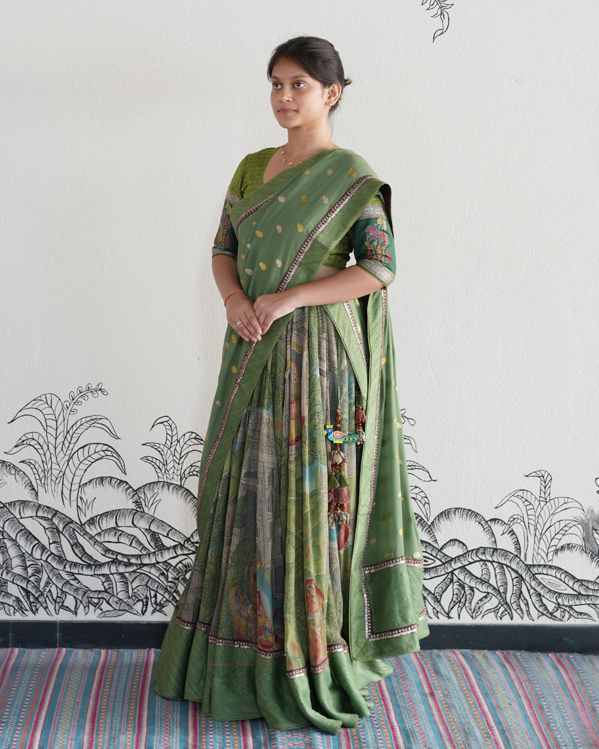 Green Handwoven Kalamkari Chiffon Lehenga