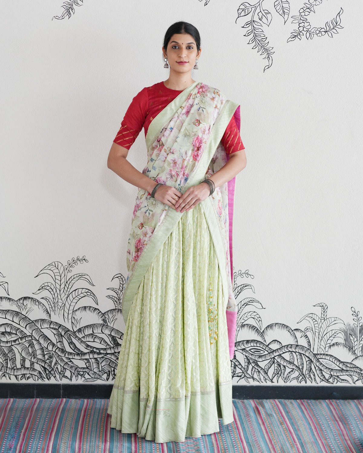 Green Handwoven Georgette Embroidered Lehenga