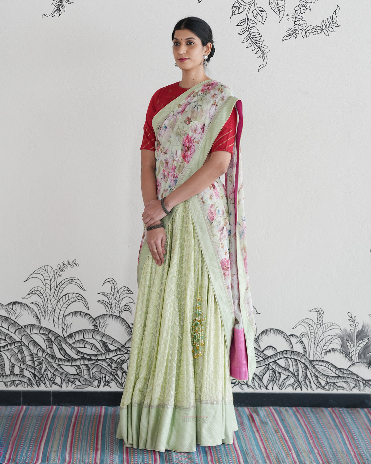 Green Handwoven Georgette Embroidered Lehenga