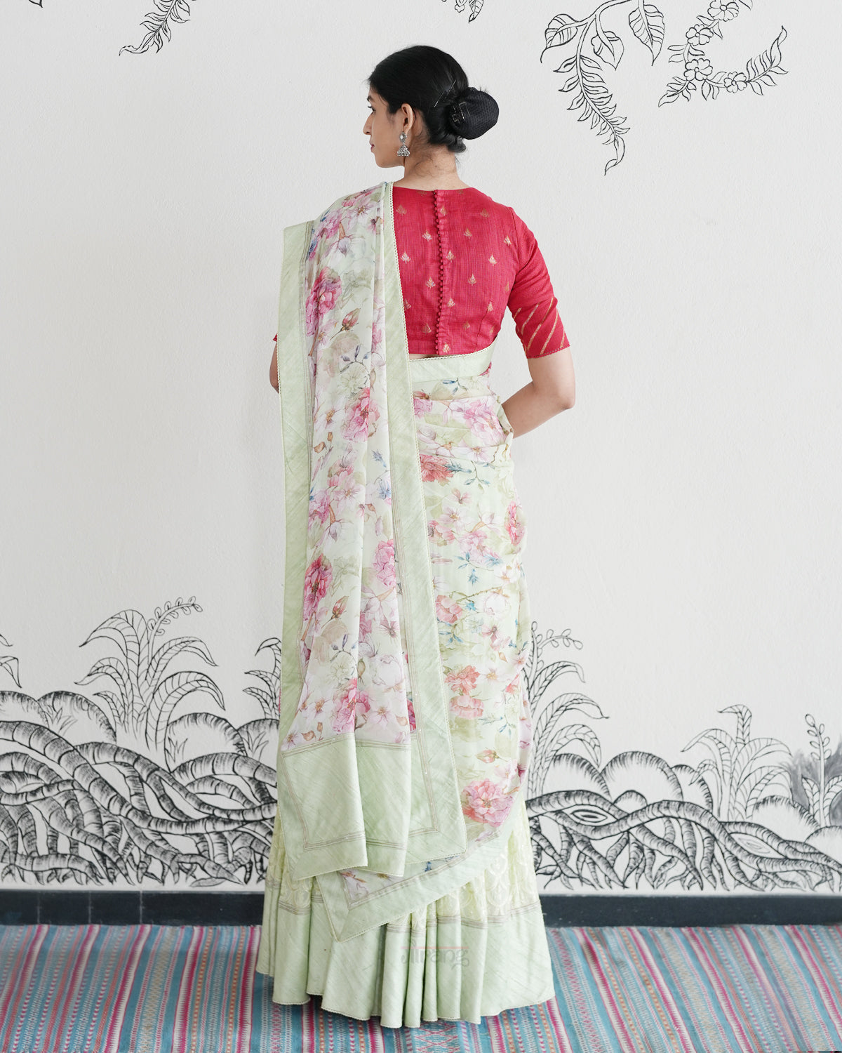 Green Handwoven Georgette Embroidered Lehenga