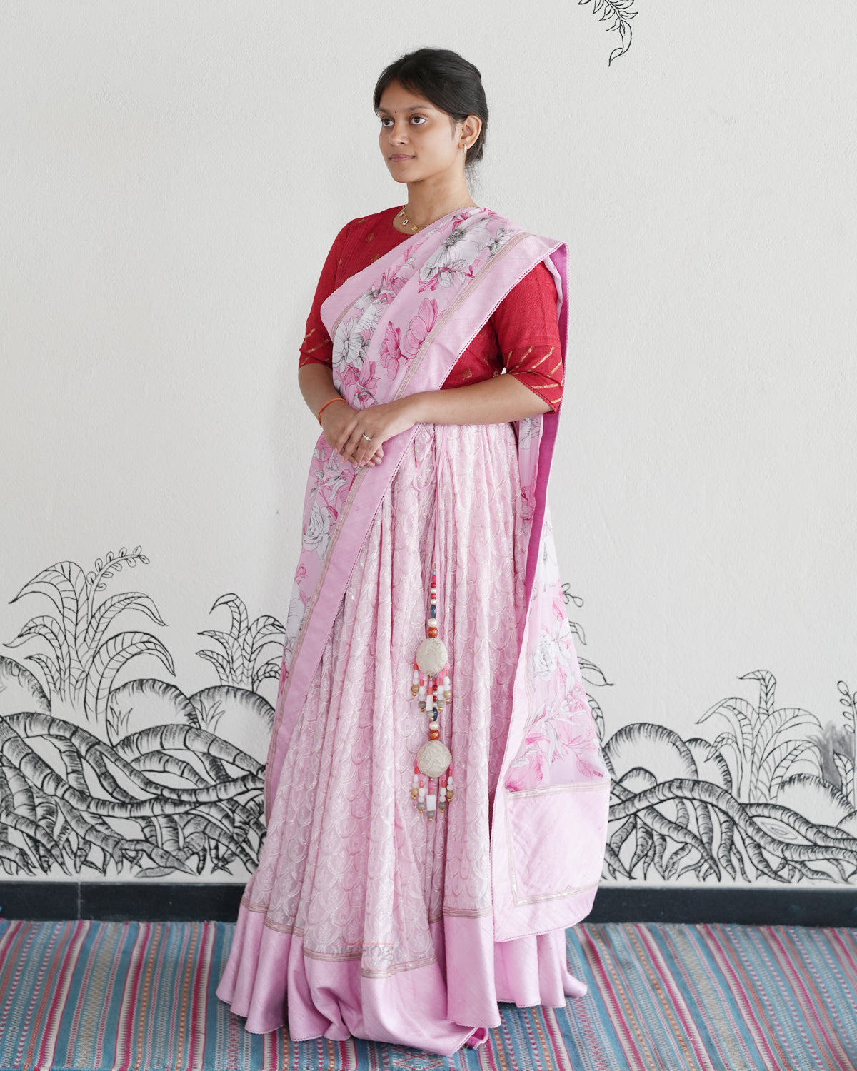 Pink Handwoven Georgette Embroidered Lehenga