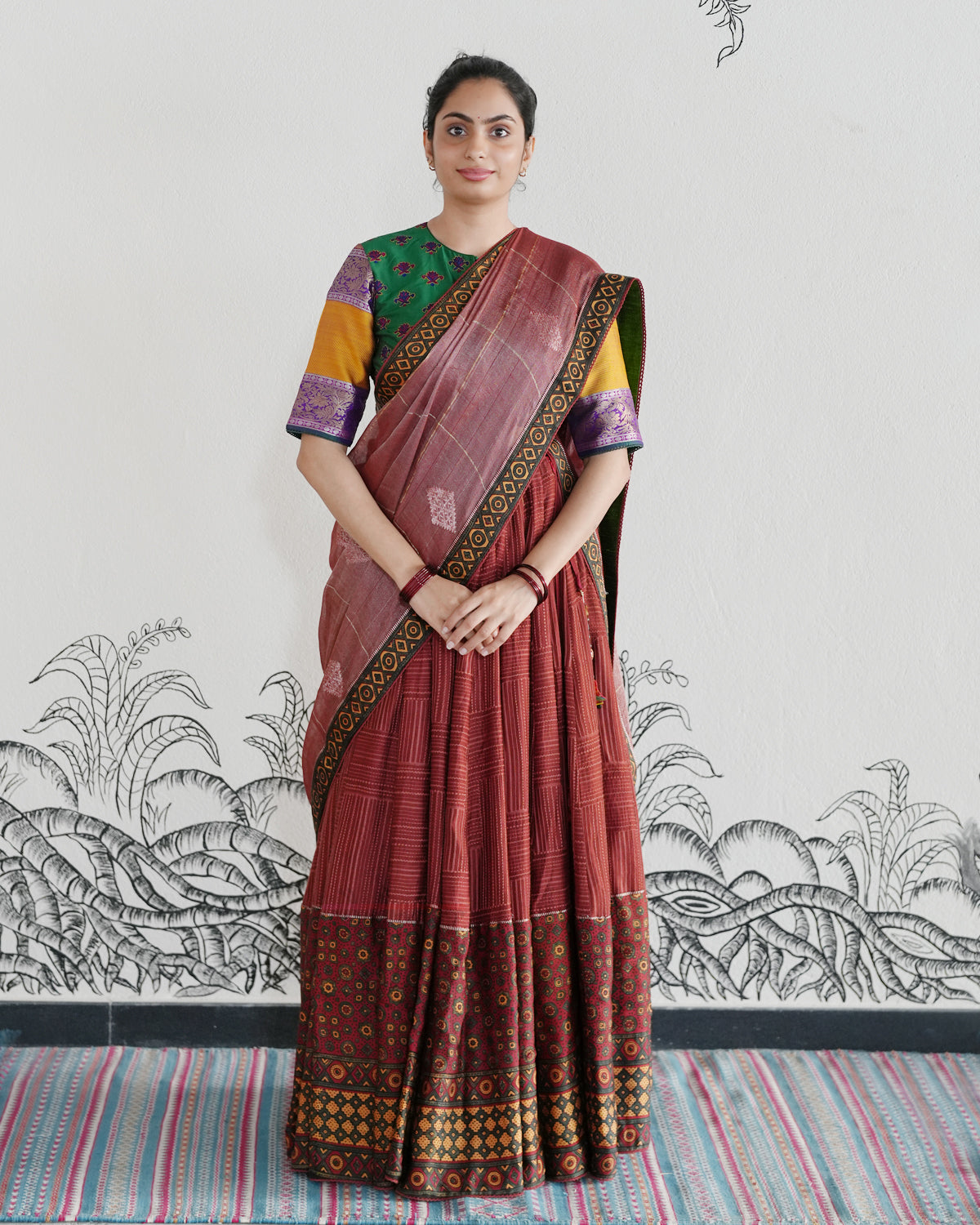 Maroon Handwoven Chanderi Silk Embroidered Lehenga