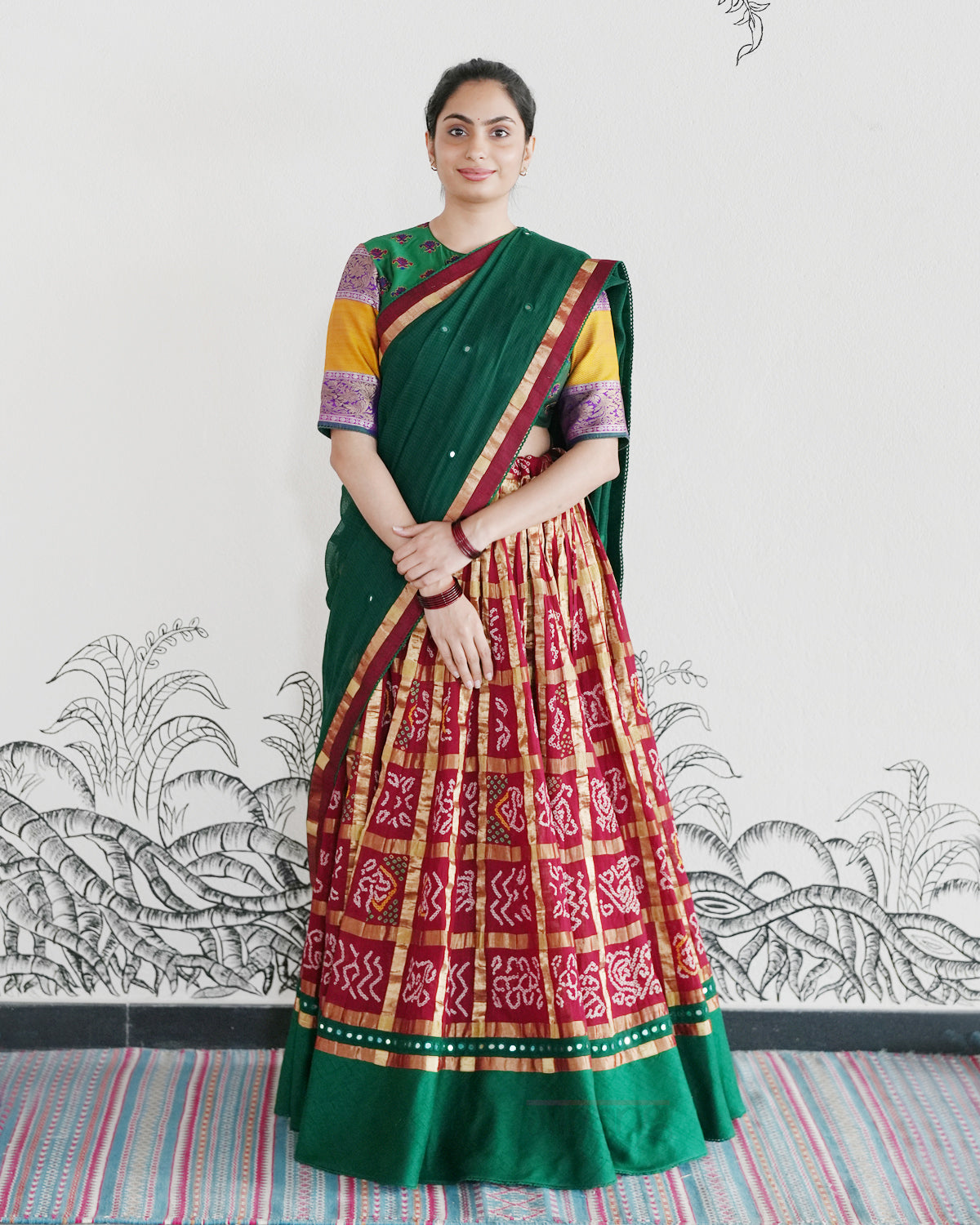 Maroon Handwoven Cotton Tie & Dye Bandhani Lehenga