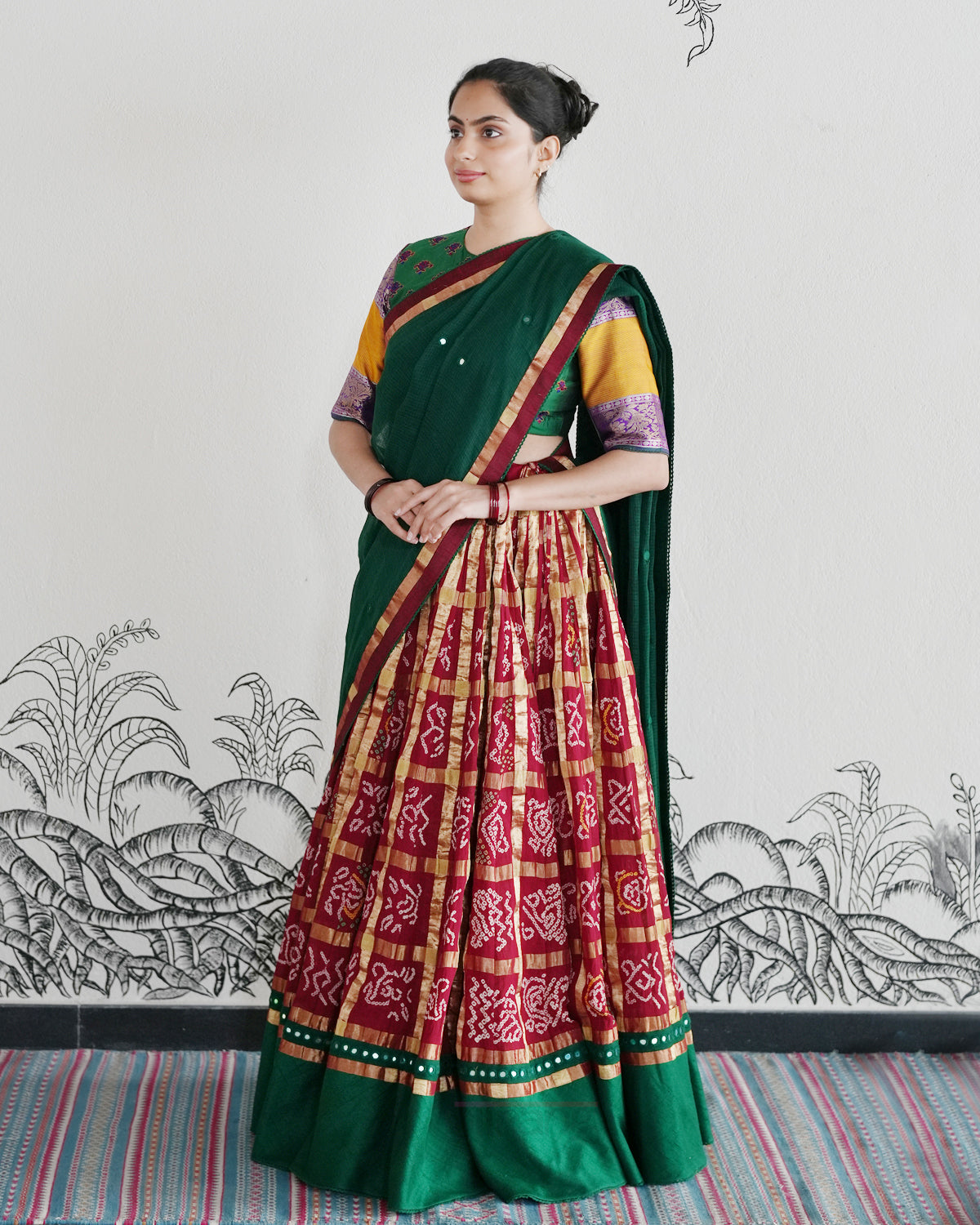 Maroon Handwoven Cotton Tie & Dye Bandhani Lehenga