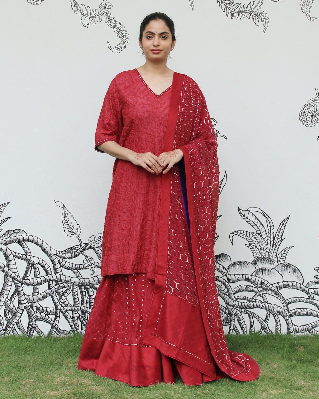 Red Chikankari Sharara Set