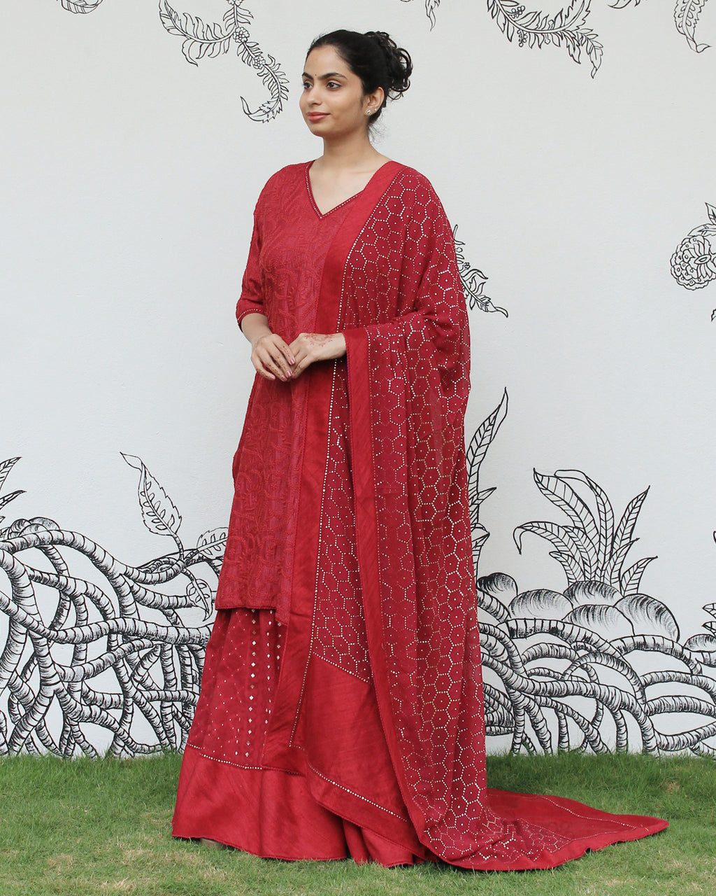Red Chikankari Sharara Set