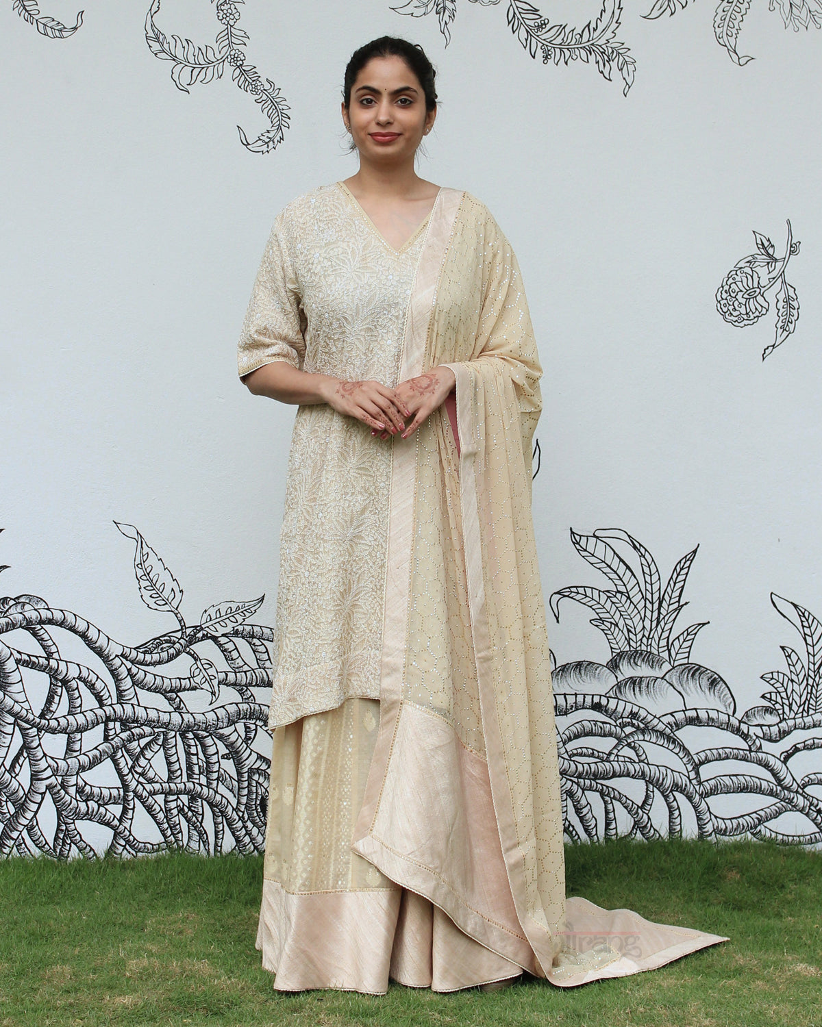 Beige Chikankari Sharara Set