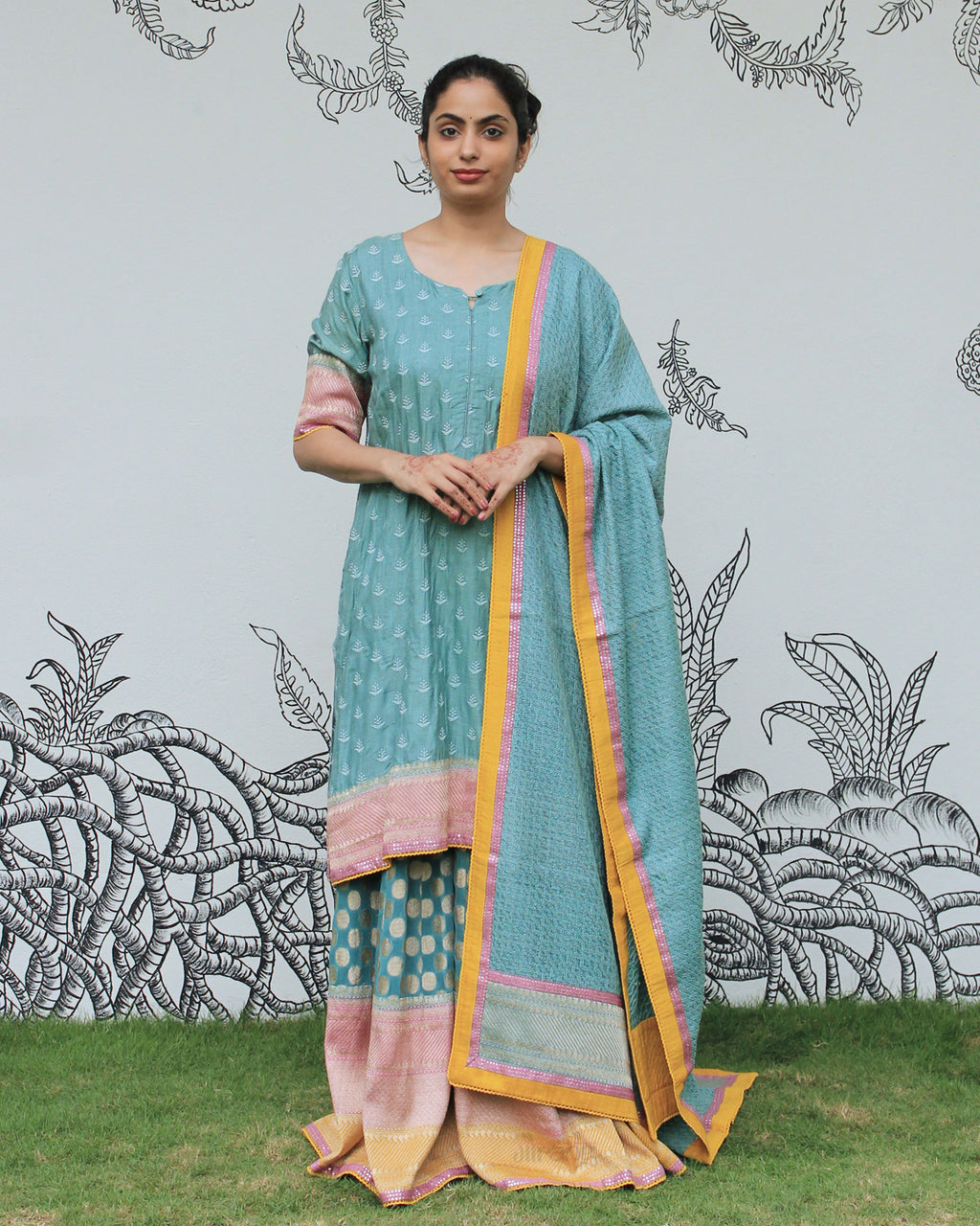 Blue Self Embroidered Sharara Set