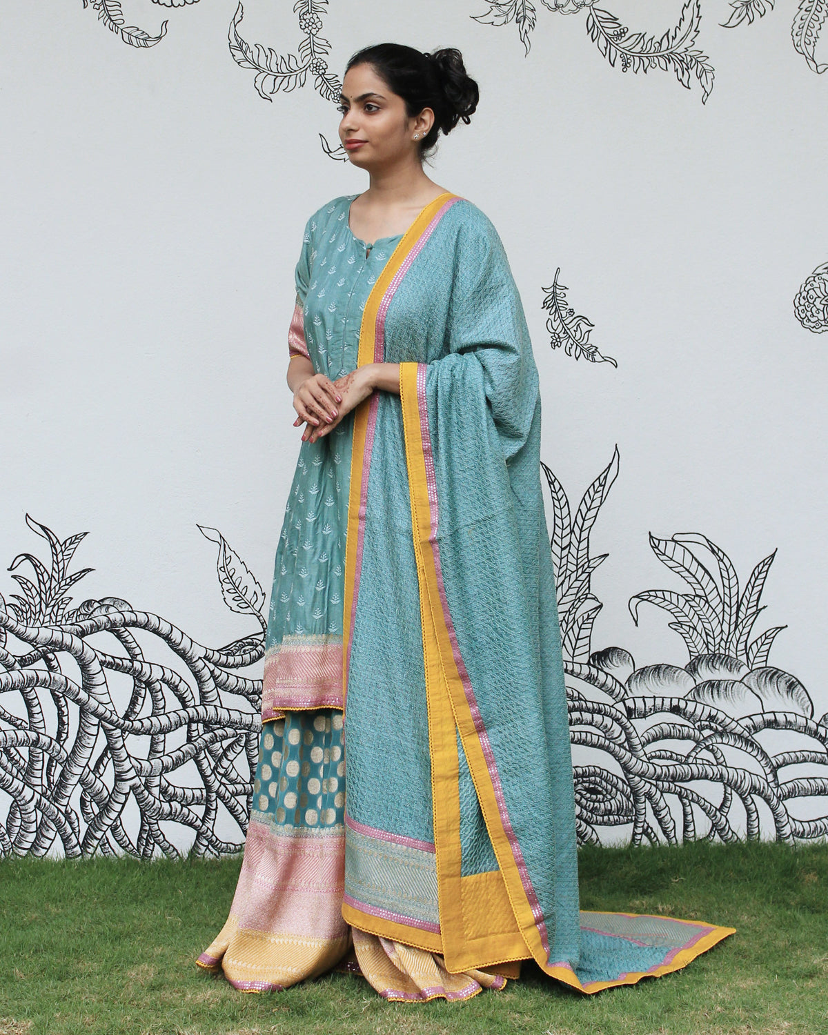 Blue Self Embroidered Sharara Set