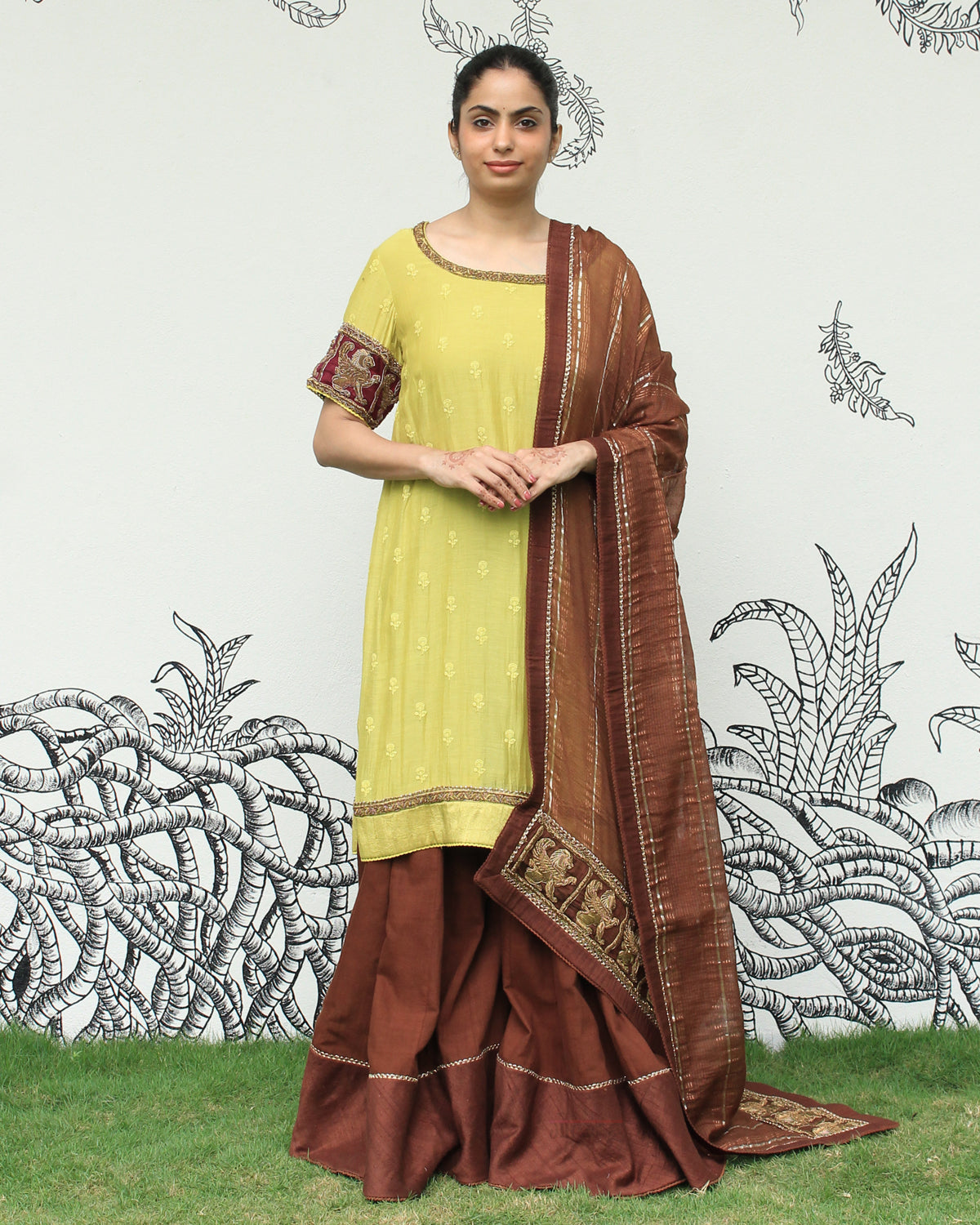 Green Self Embroidered Sharara Set