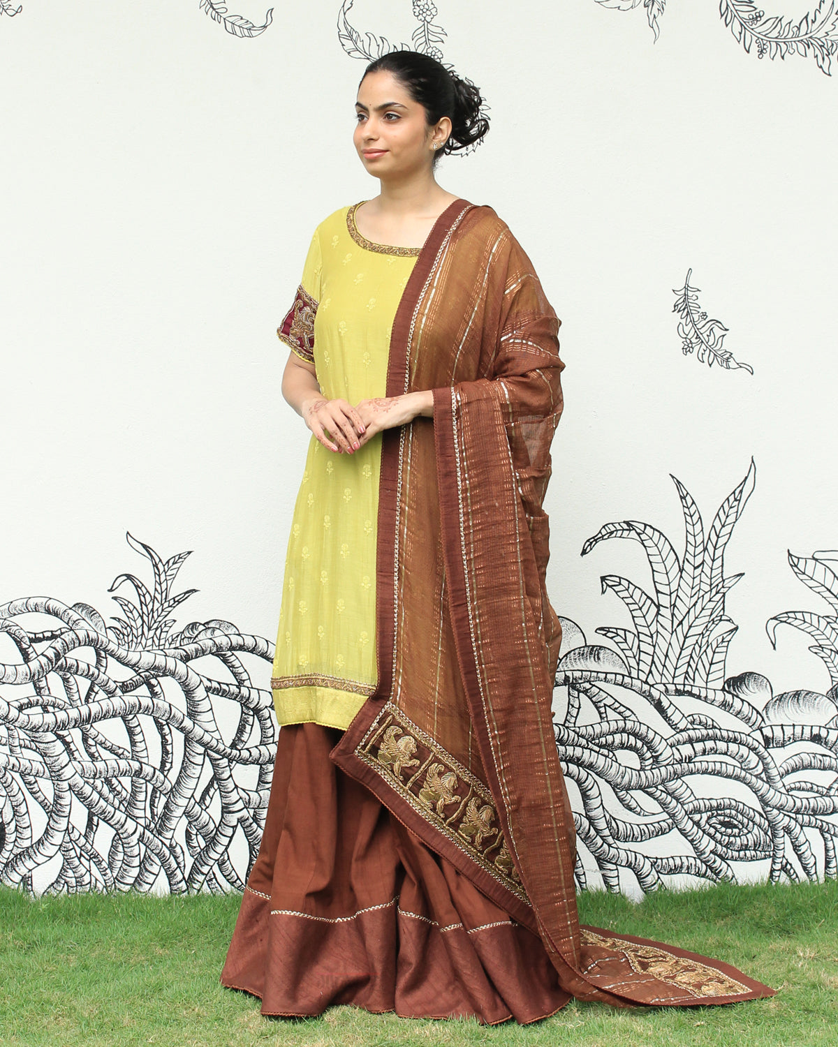 Green Self Embroidered Sharara Set