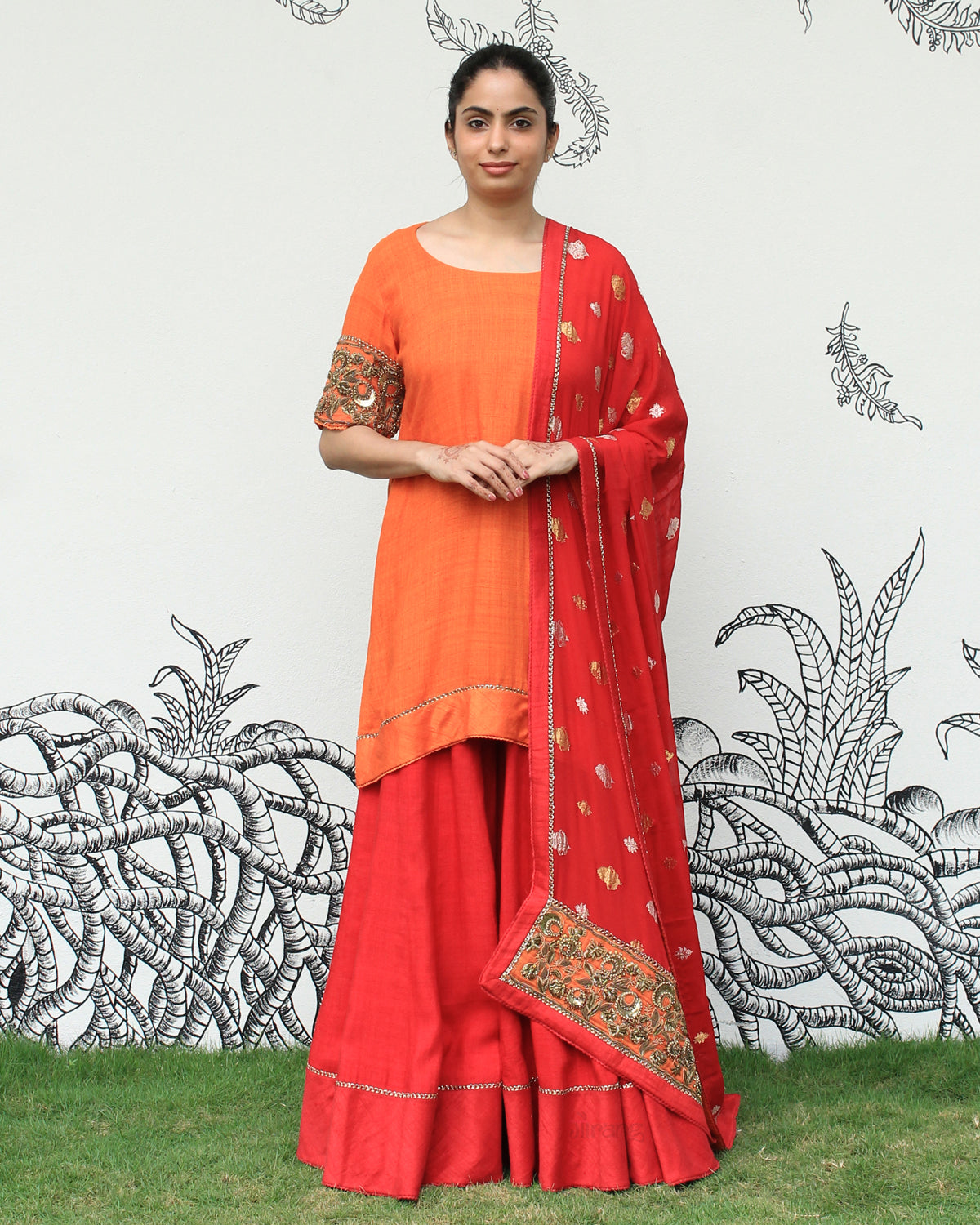Orange Green Self Embroidered Sharara Set