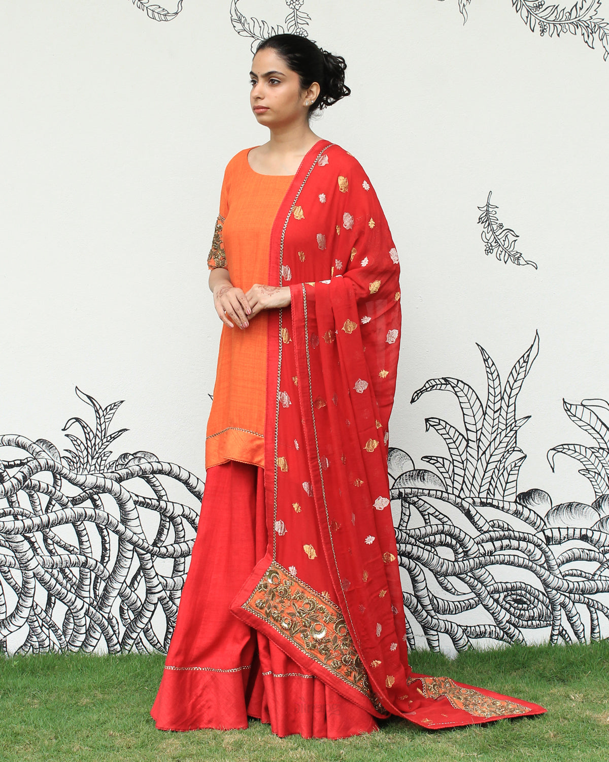 Orange Green Self Embroidered Sharara Set