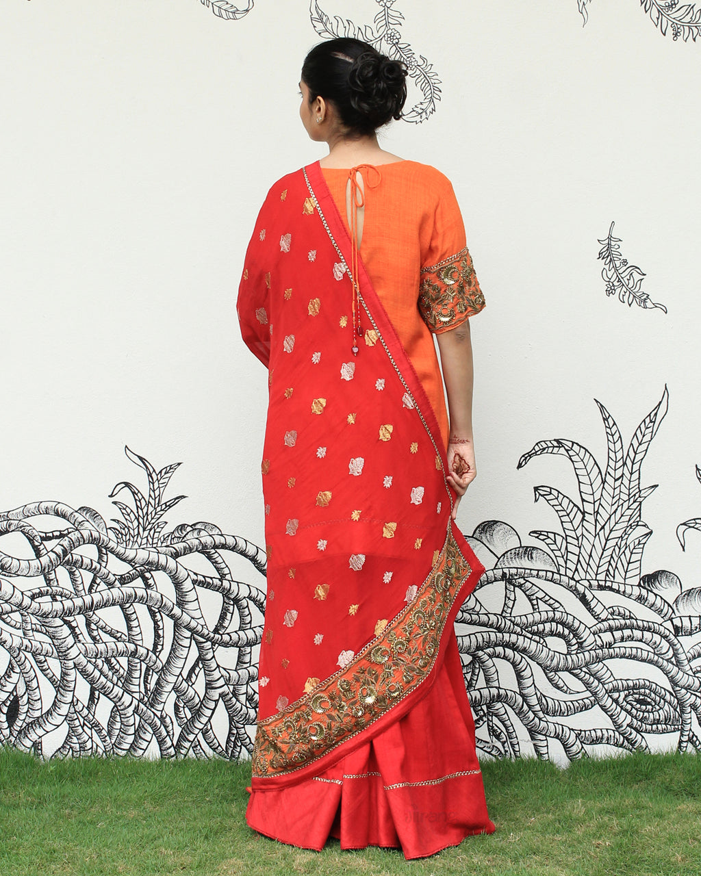 Orange Green Self Embroidered Sharara Set