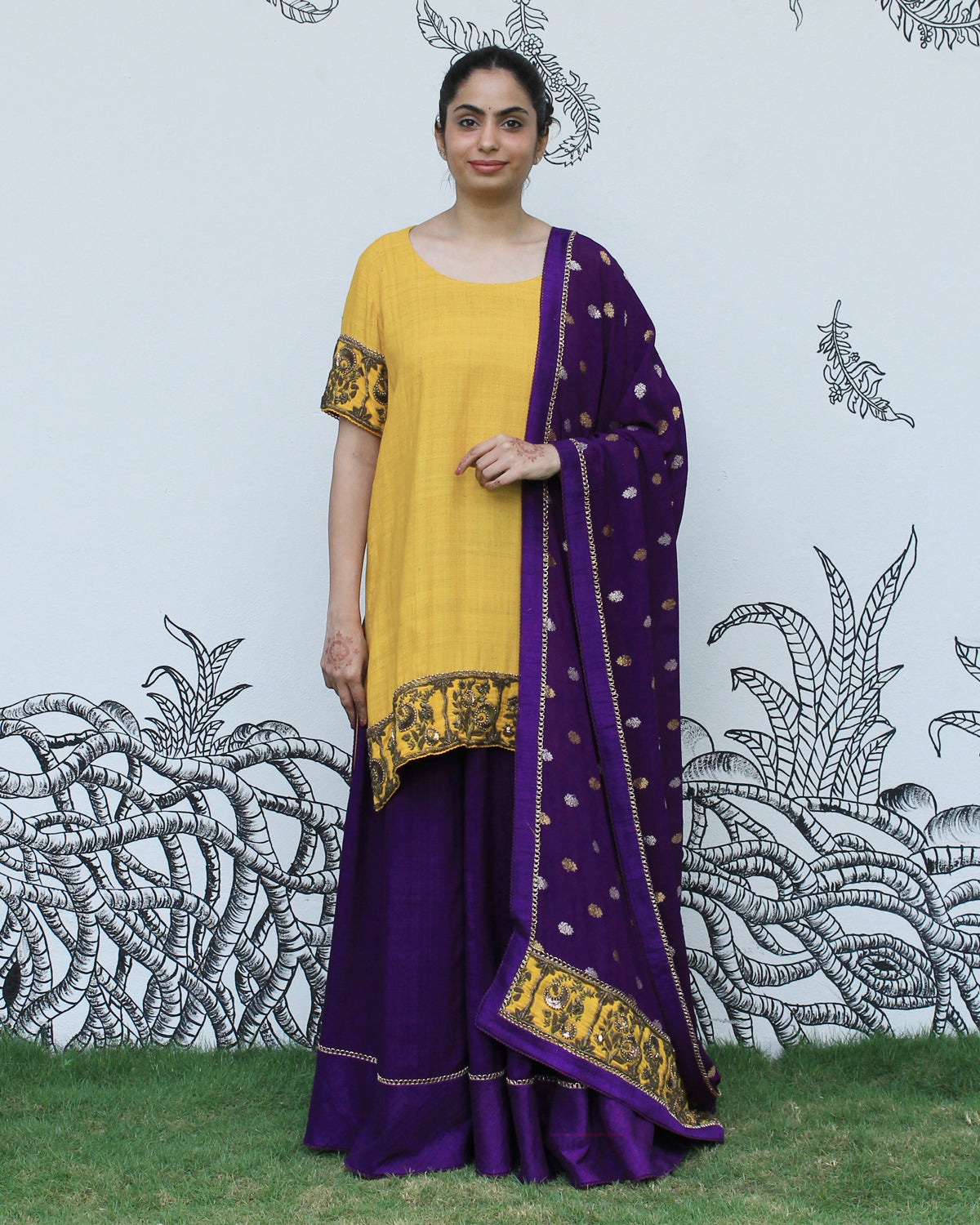 Yellow Self Embroidered Sharara Set