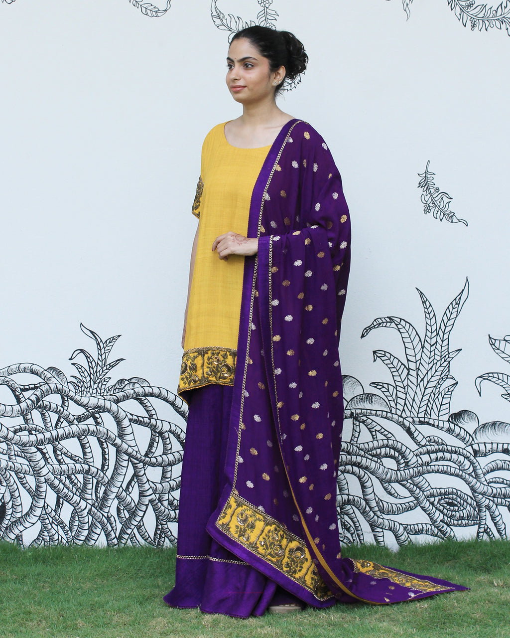 Yellow Green Self Embroidered Sharara Set