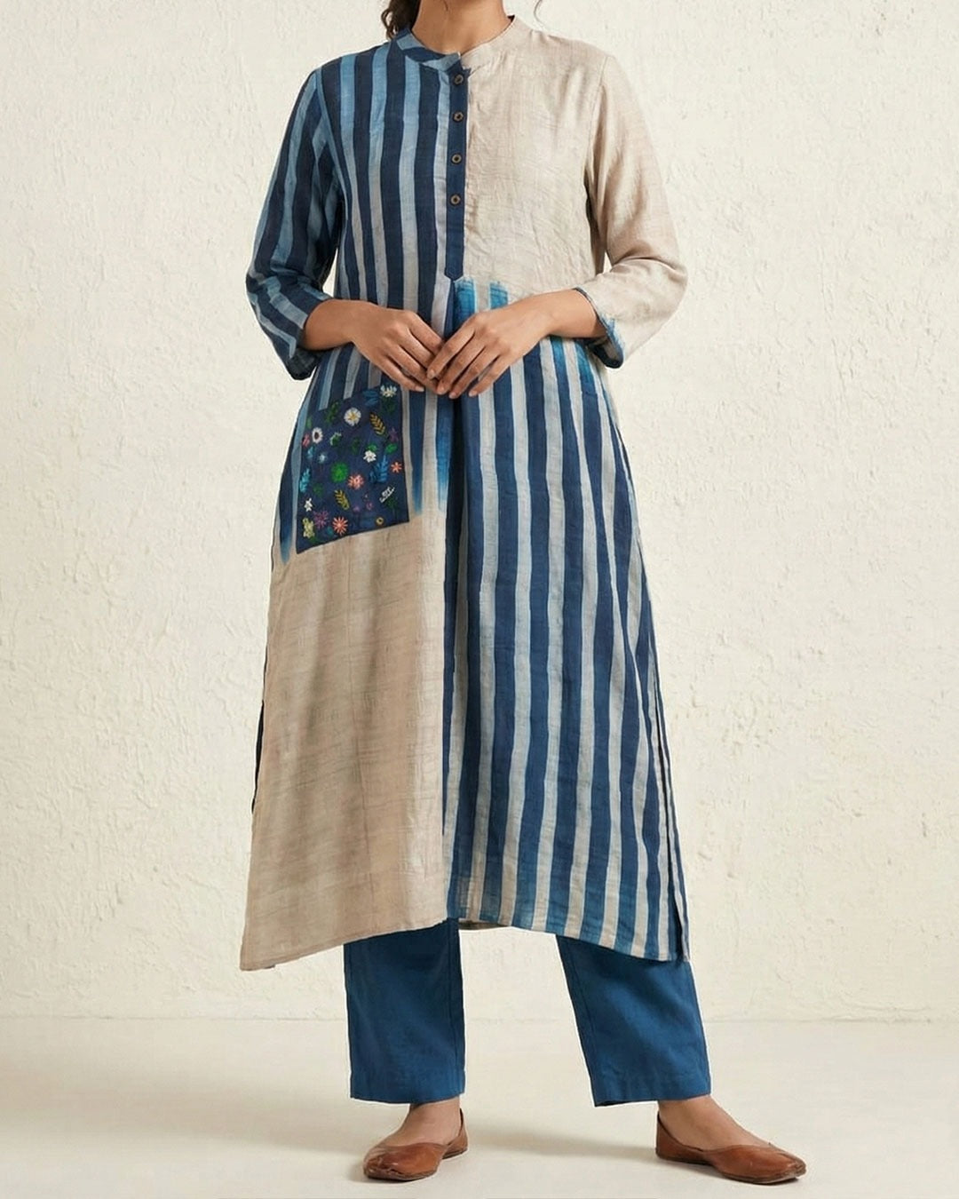 Beige Hand Block Printed Tussar Silk Kurta Set
