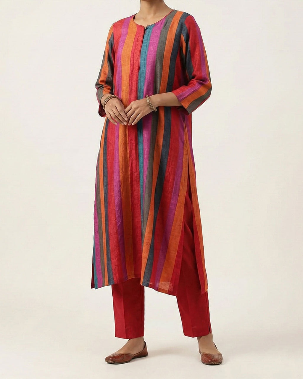 Multi Colour Hand Block Printed Tussar Silk Kurta Set