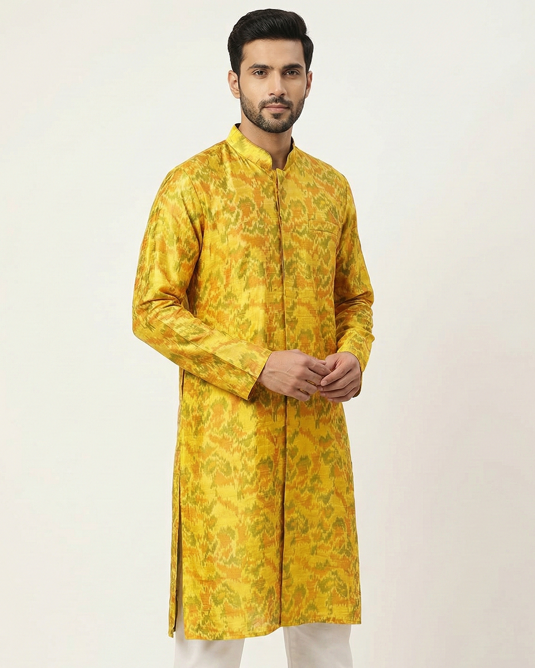 Yellow Handwoven Raw Silk Ikkat Sherwani