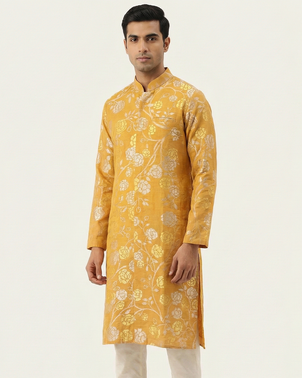 Yellow Handwoven Khadi Jamdani Sherwani