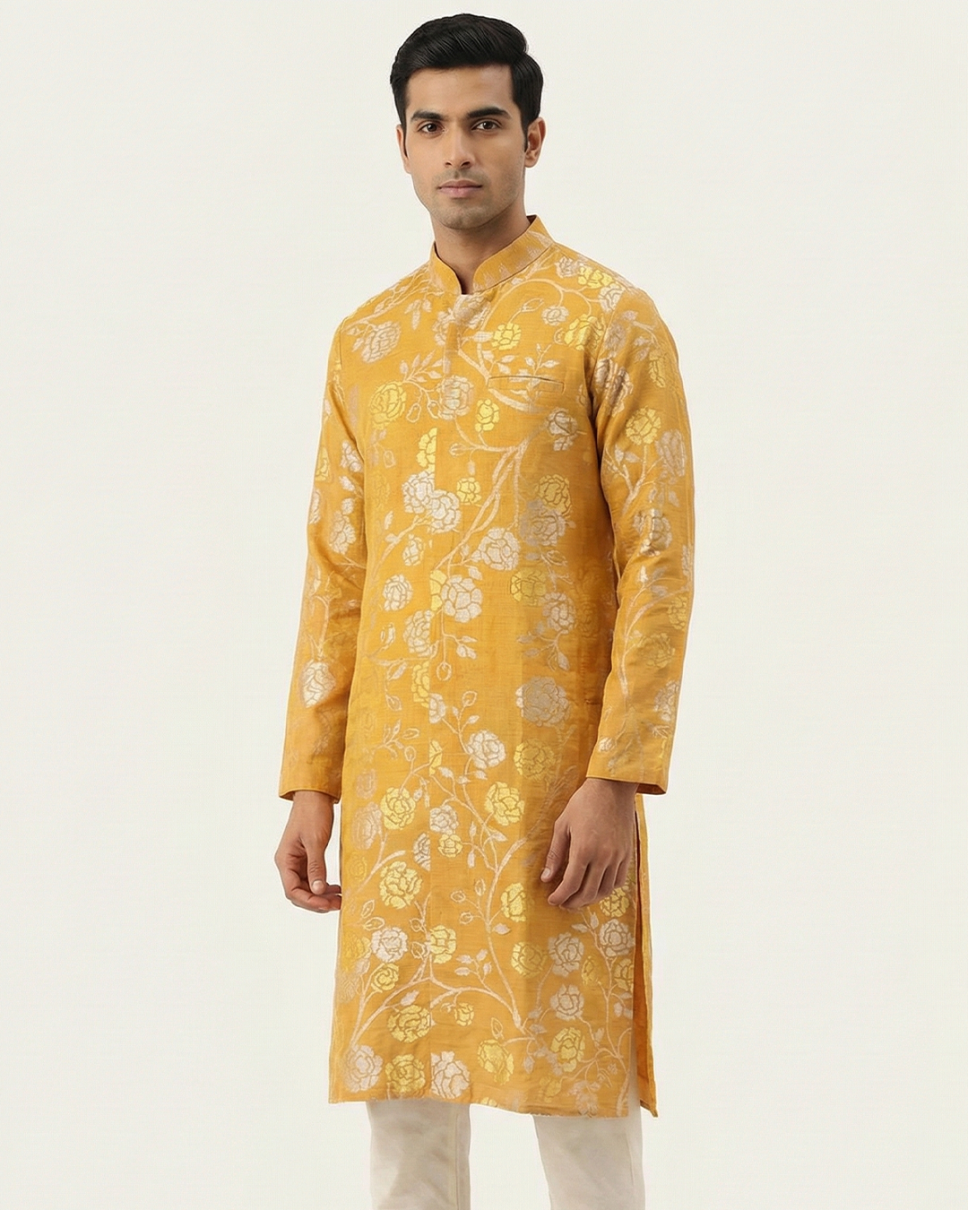 Yellow Handwoven Khadi Jamdani Sherwani
