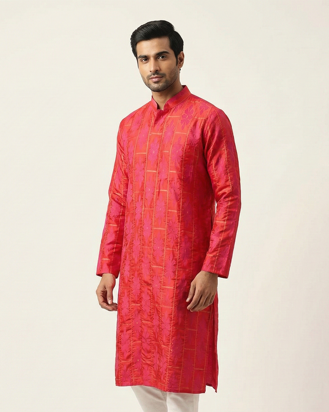 Red Handwoven Uppada Silk Jamdani Sherwani