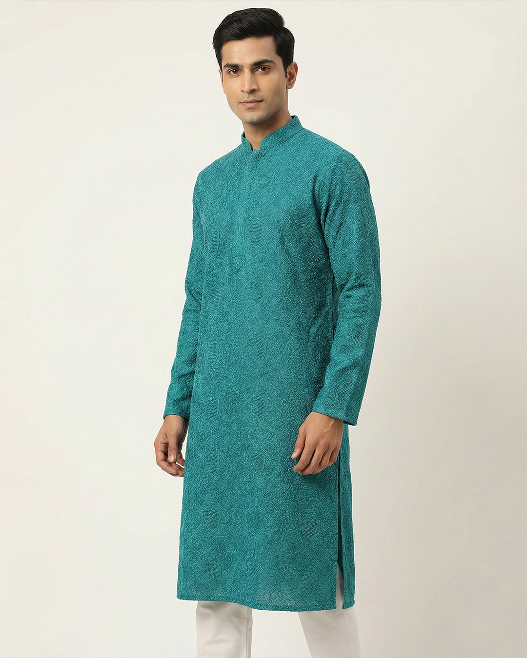 Turquoise Hand Chikankari Embroidered Kurta