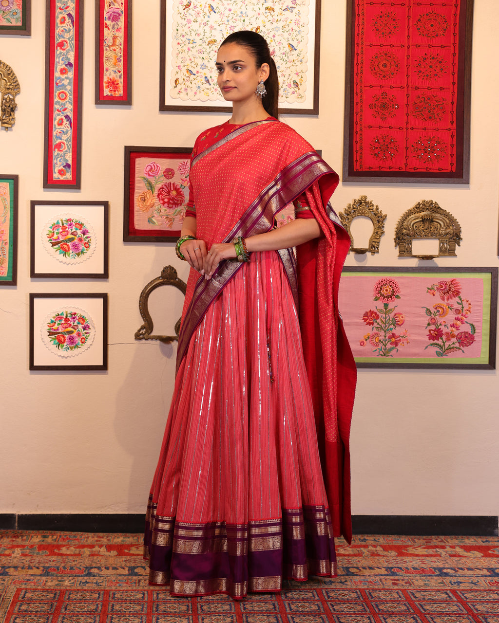 Pink Kantha and Sequence Embroidery Lehenga