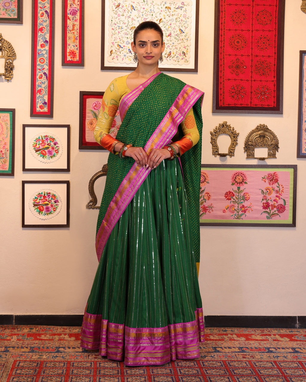 Green Kantha and Sequence Embroidery Lehenga