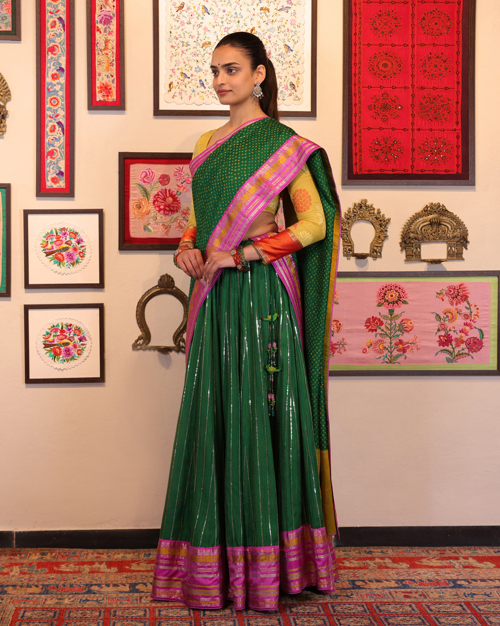 Green Kantha and Sequence Embroidery Lehenga