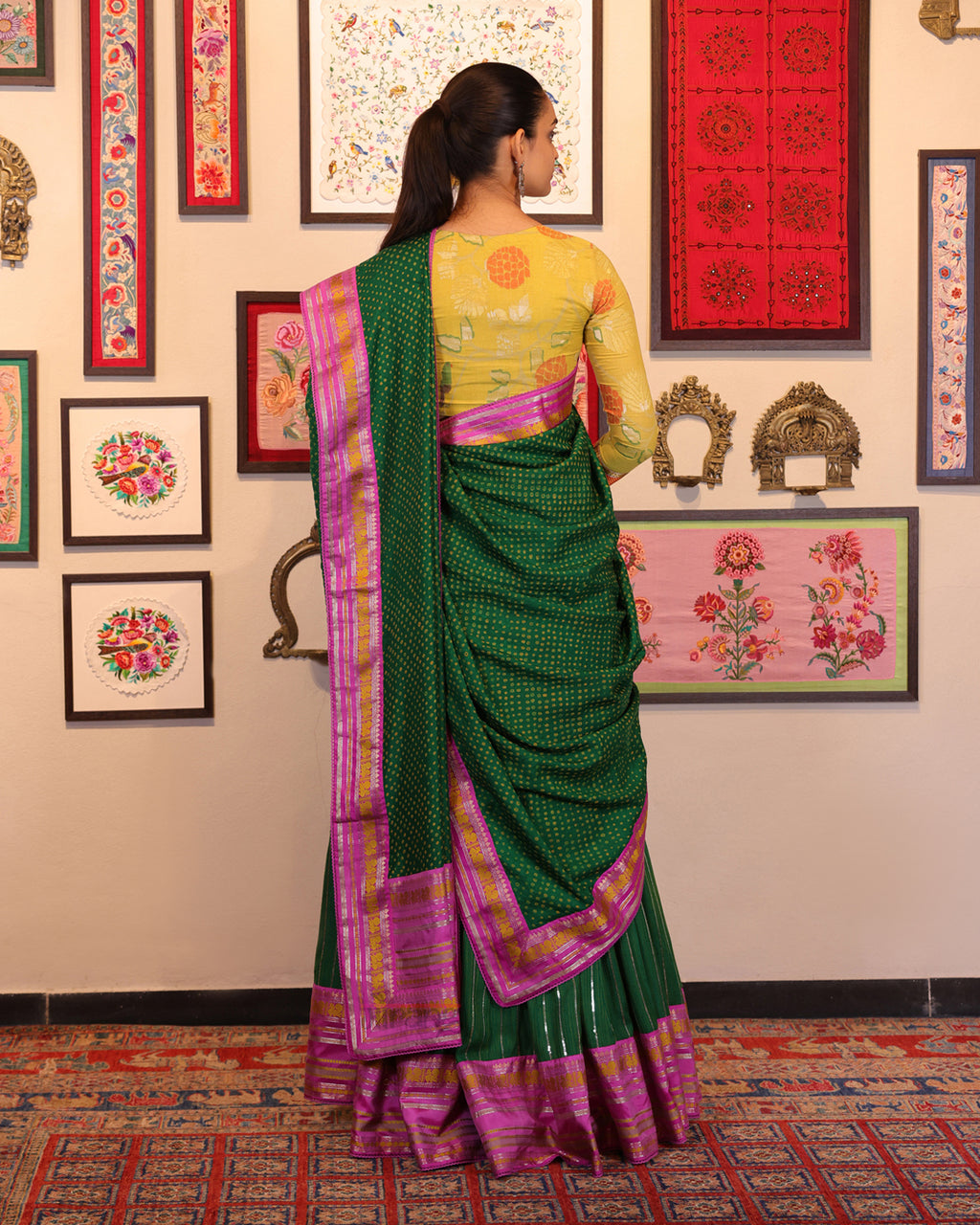 Green Kantha and Sequence Embroidery Lehenga