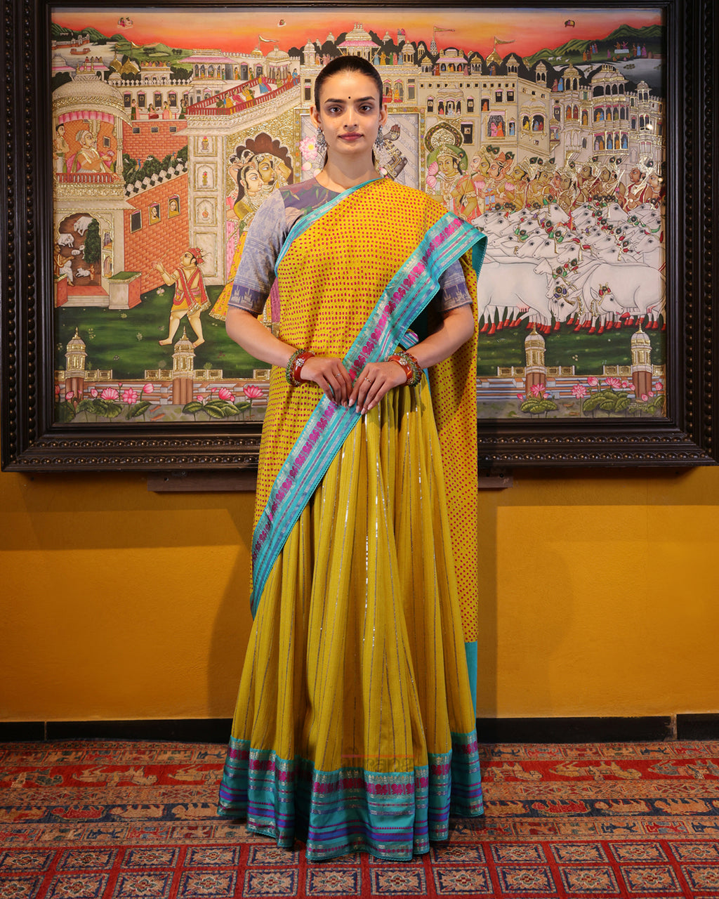 Yellow Kantha and Sequence Embroidery Lehenga