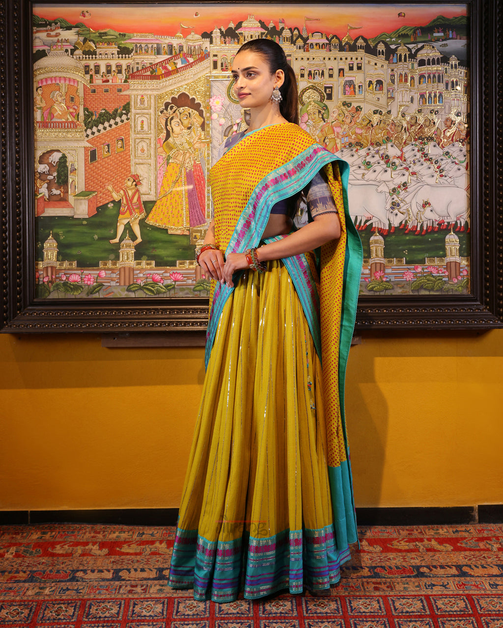 Yellow Kantha and Sequence Embroidery Lehenga