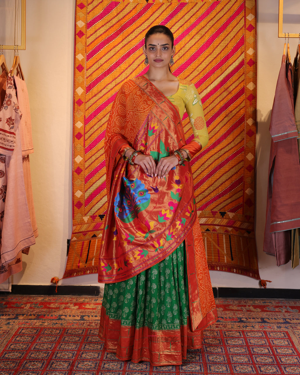 Green Hand Embroidered Chikankari Tussar Silk Lehenga
