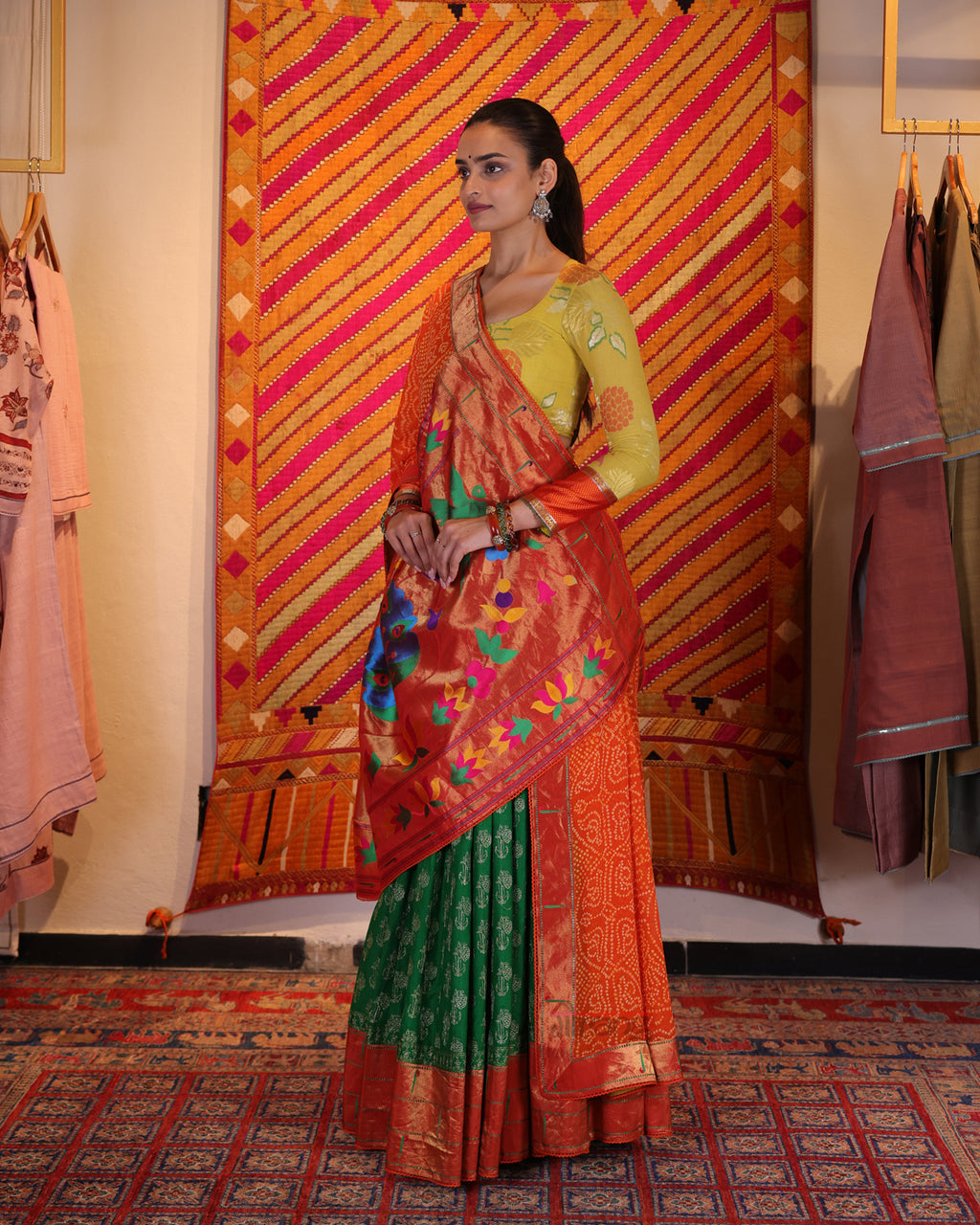 Green Hand Embroidered Chikankari Tussar Silk Lehenga