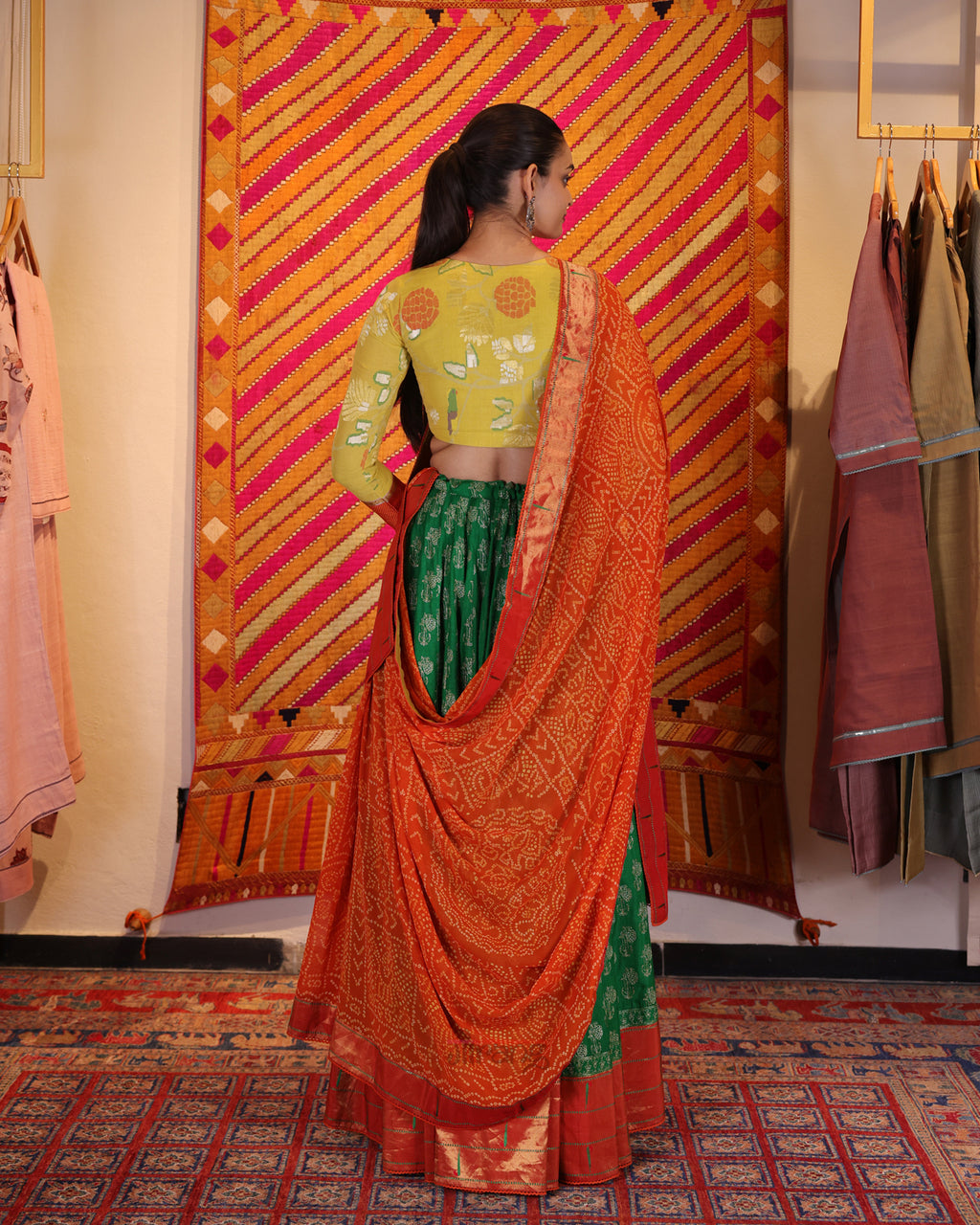 Green Hand Embroidered Chikankari Tussar Silk Lehenga
