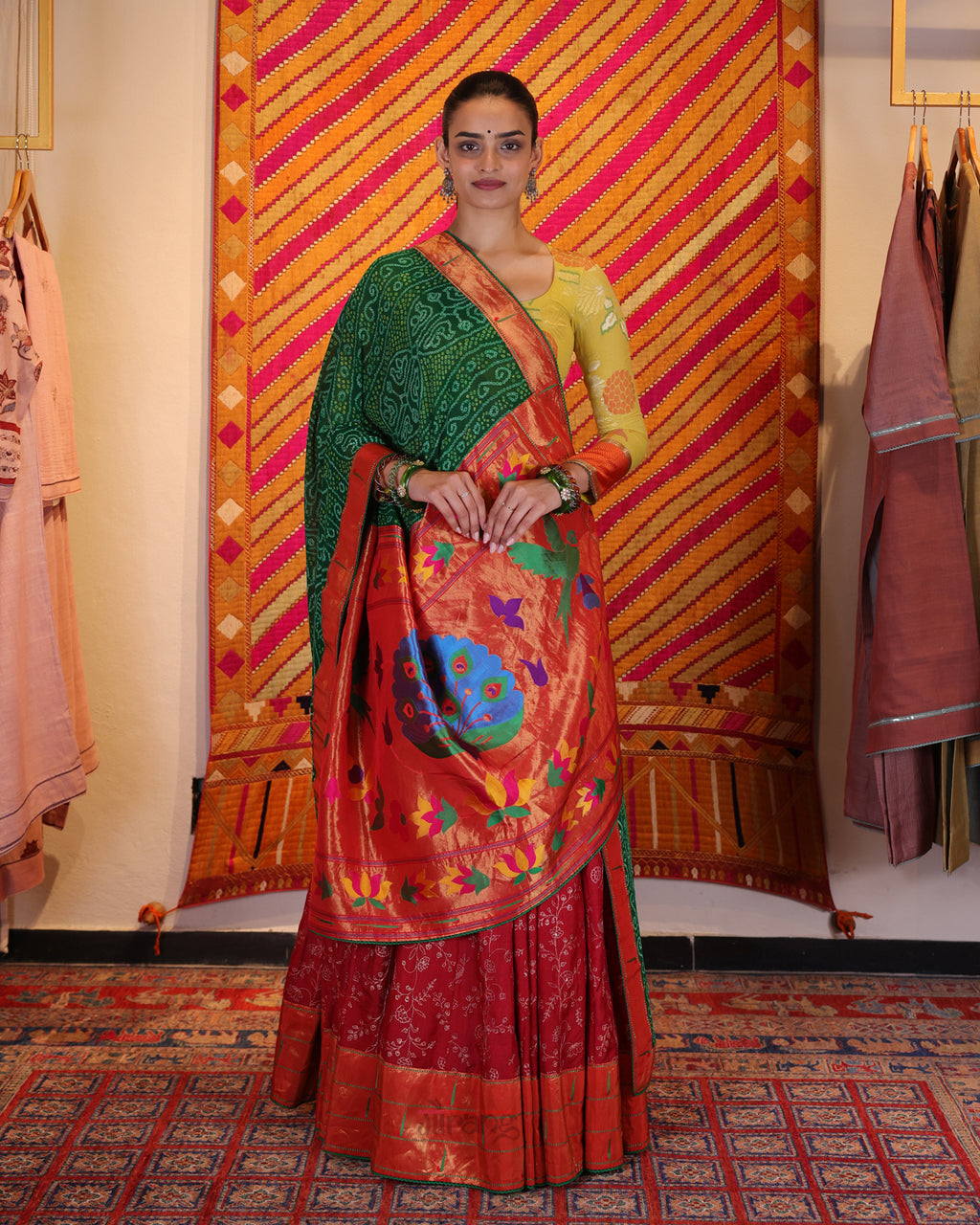 Red Hand Embroidered Chikankari Tussar Silk Lehenga