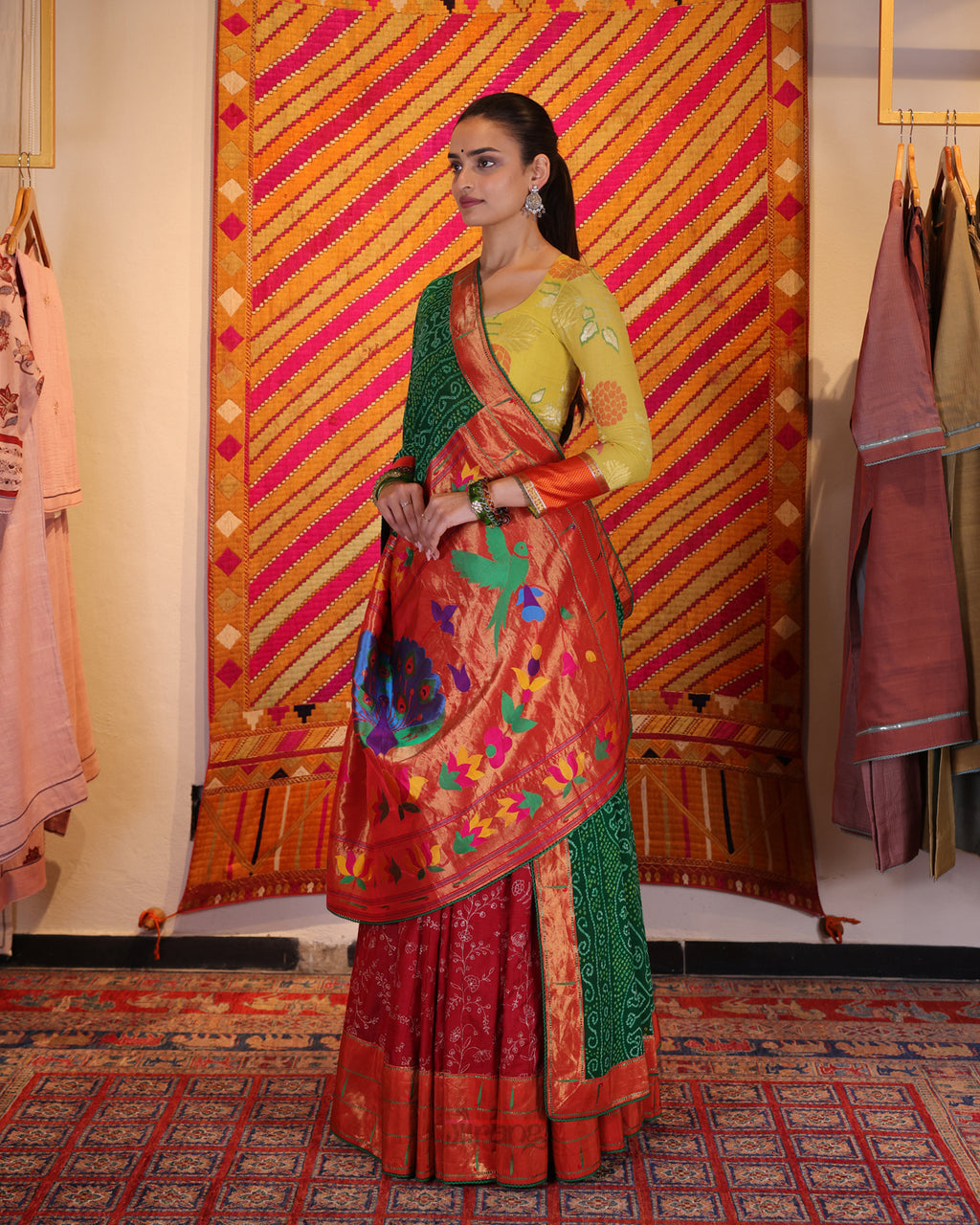 Red Hand Embroidered Chikankari Tussar Silk Lehenga