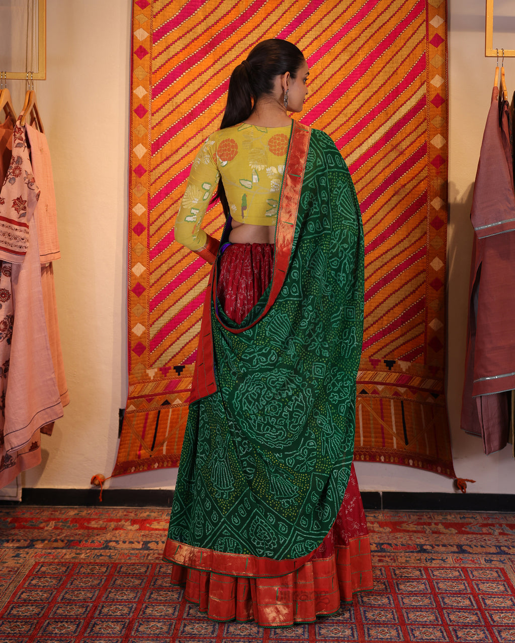 Red Hand Embroidered Chikankari Tussar Silk Lehenga