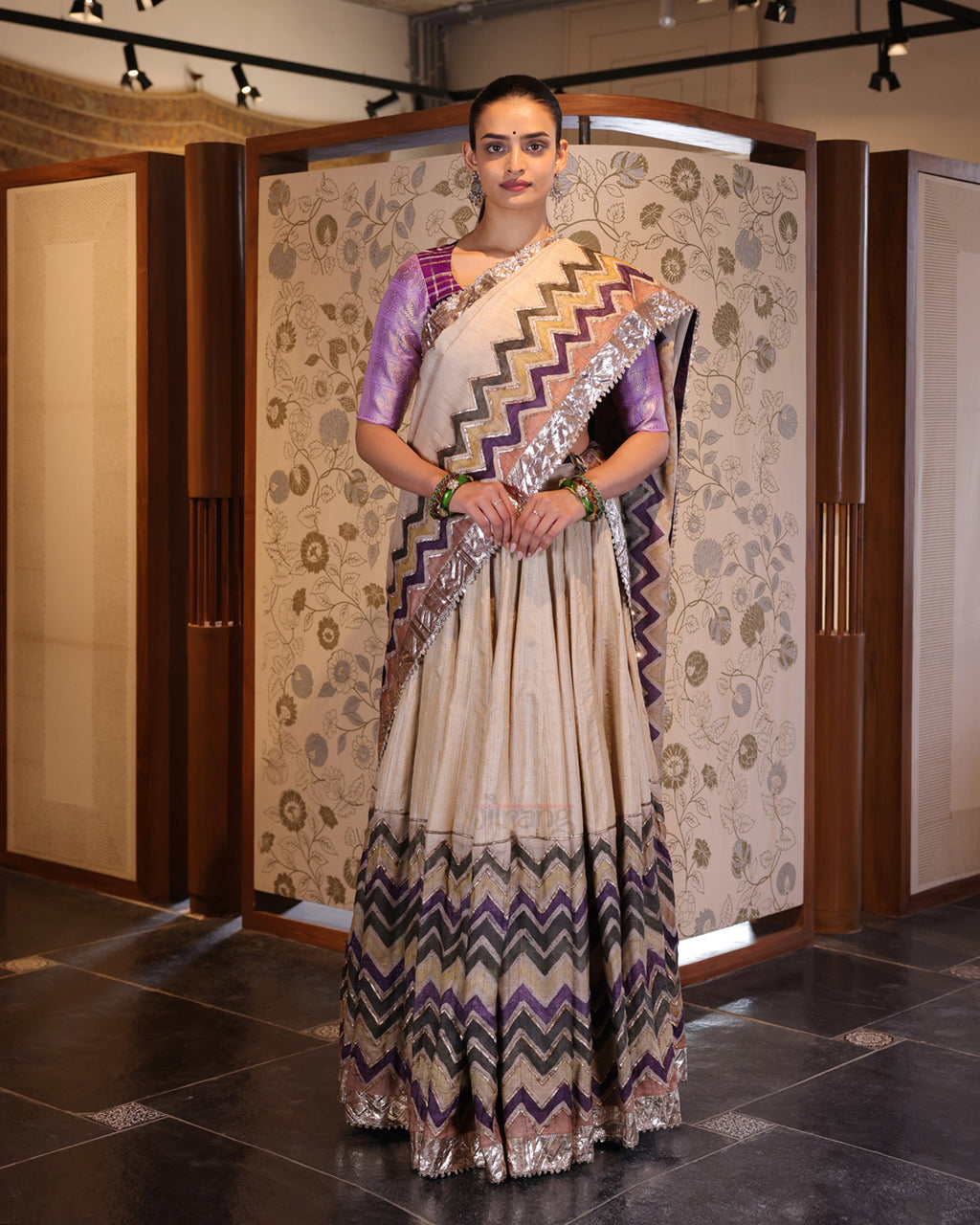 Beige Leheria Tussar Silk Lehenga