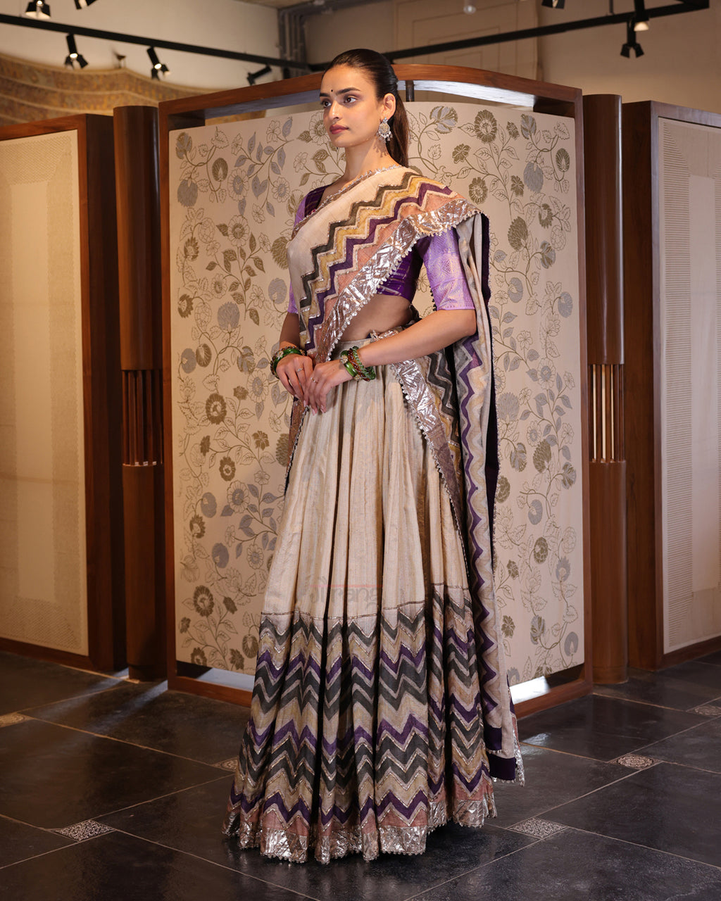Beige Leheria Tussar Silk Lehenga