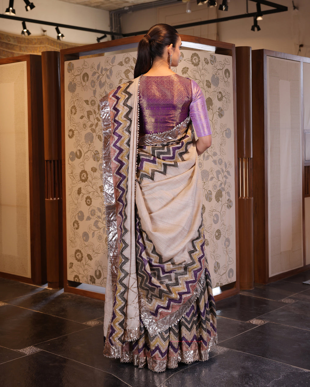 Beige Leheria Tussar Silk Lehenga