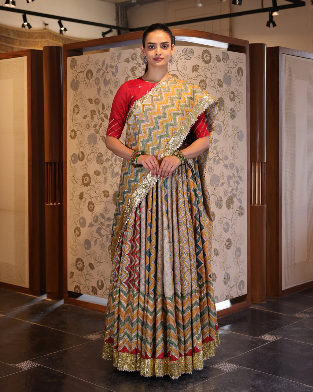 Beige Leheria Tussar Silk Lehenga